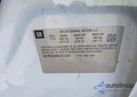 2012 Chevrolet Cruze Ls z USA, uszkodzony, nr VIN 1G1PC5SH8C7212381